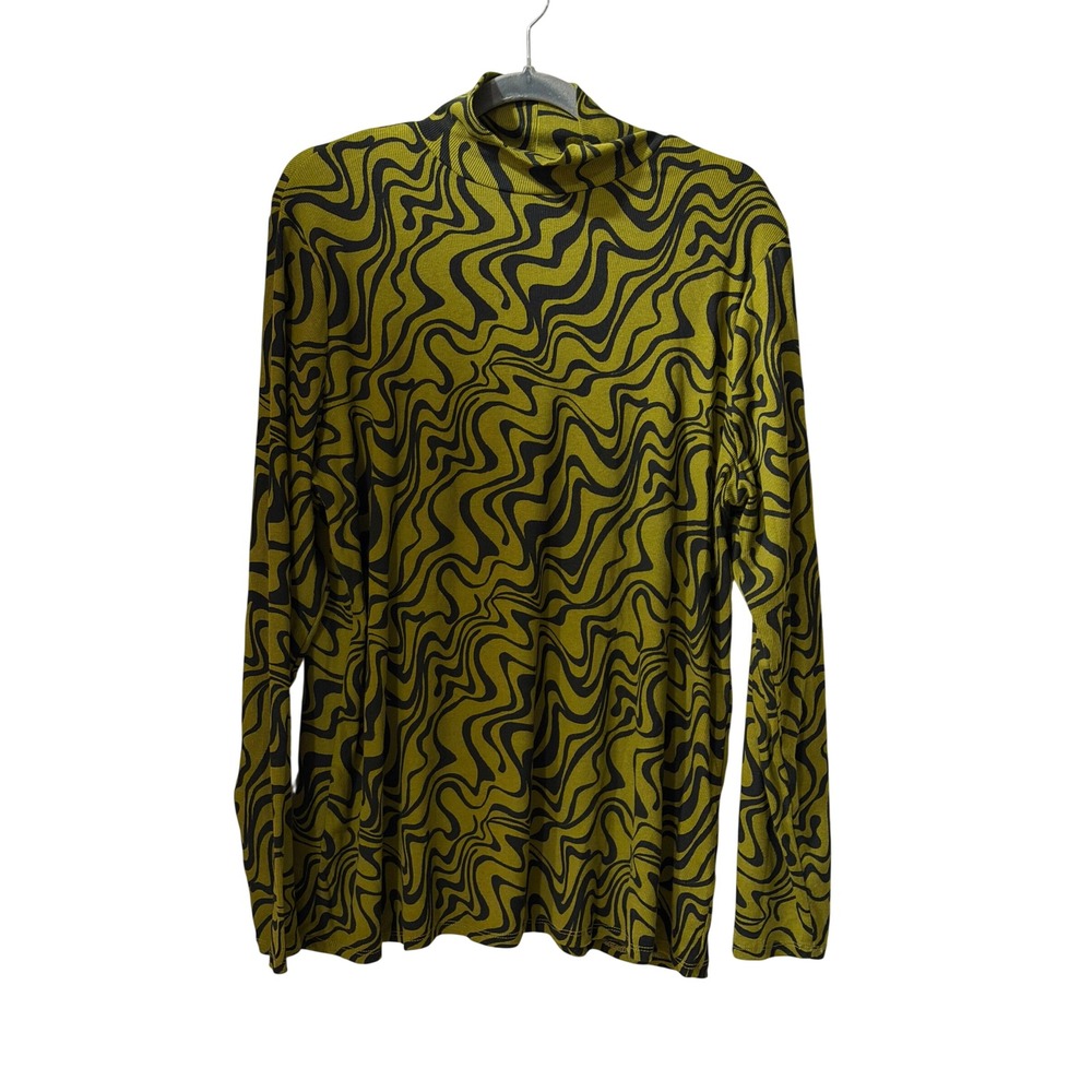 Ava & Viv Womens 1X Green Black Wavy Swirl Ribbed Turtleneck Retro Maximalist